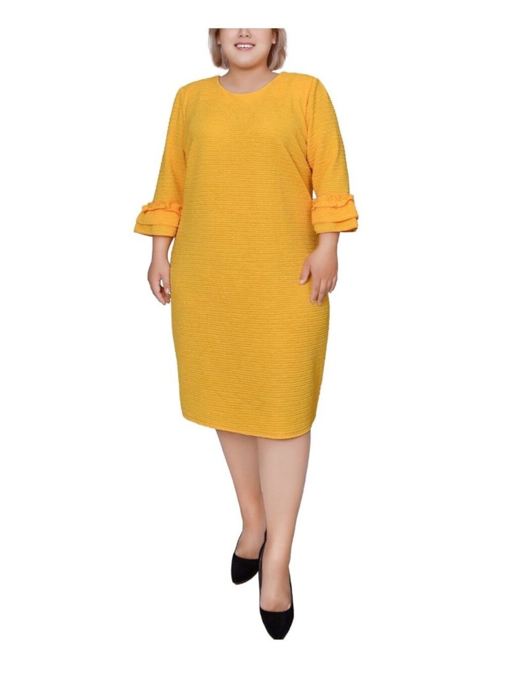 Ny Collection Womens 3/4 Length Sleeve Textured Knit Dress Lemon Size 1X NWT